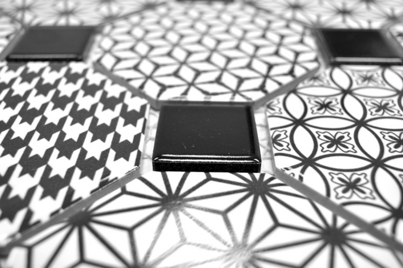 Échantillon manuel de carreaux de mosaïque Céramique Octagon MISTO blanc brillant noir Mosaïque murale fond de cuisine MOSOcta-0301_m