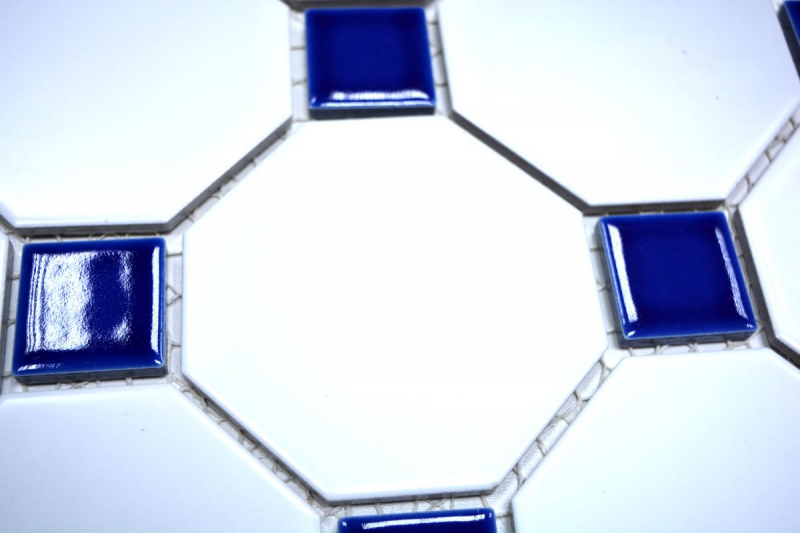 Motif main Carreau de mosaïque Céramique Octagonal blanc mat bleu cobalt brillant Mosaïque murale fond de cuisine MOSOcta-180_m