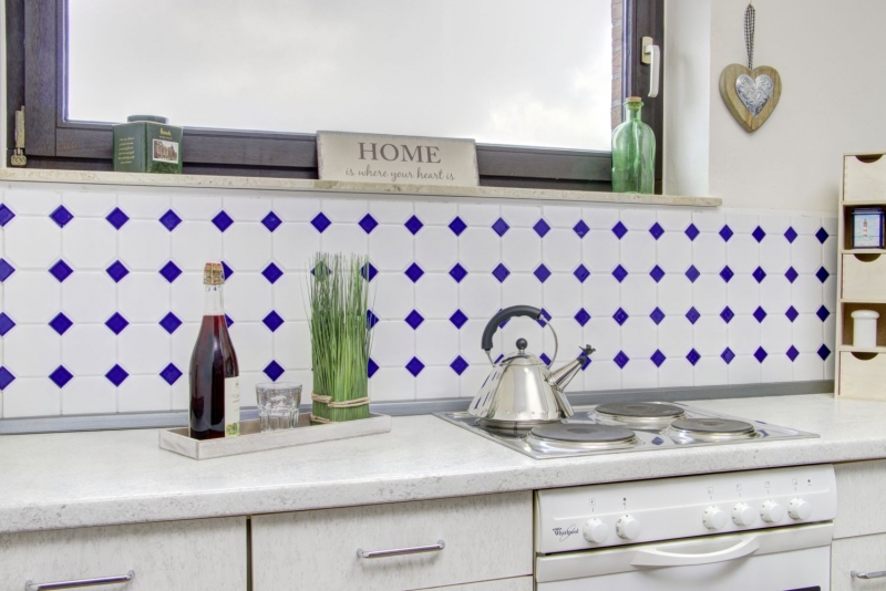 Octogonal octogonal Carreau de mosaïque Céramique blanc mat bleu cobalt brillant Mur de mosaïque fond de cuisine MOSOcta-180
