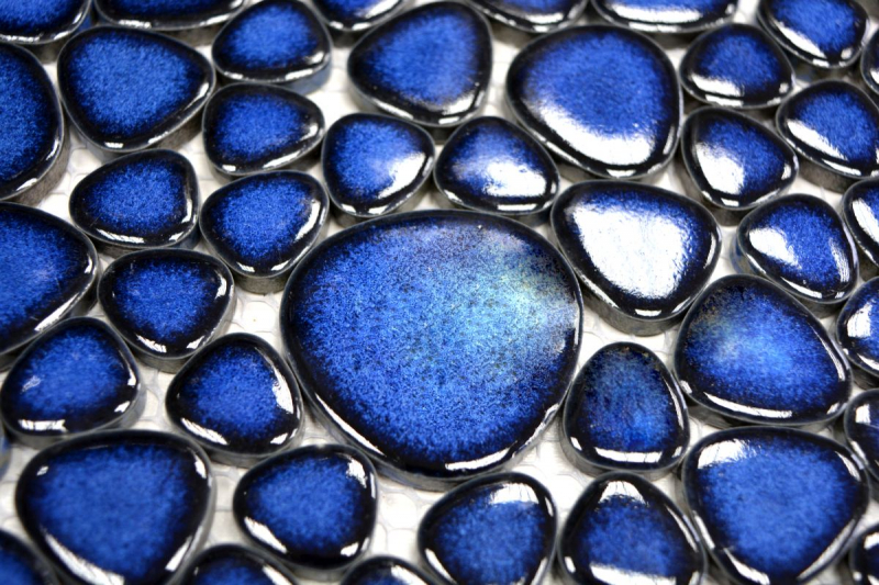 Motif main Mosaïque de galets Pebbles Céramique bleu brillant Receveur de douche Miroir de carrelage MOS12-0405_m