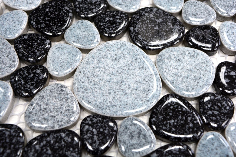 Motif main Mosaïque de galets Pebbles gris noir Spots Receveur de douche Miroir de carrelage MOS12-0103_m