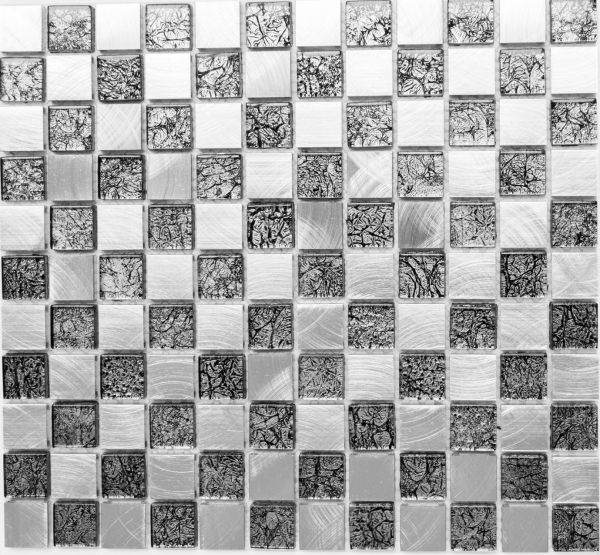 Échantillon manuel de mosaïque Aluminium Translucide Mosaïque de verre Crystal Alu damier noir argenté MOS49-0302_8mm_m
