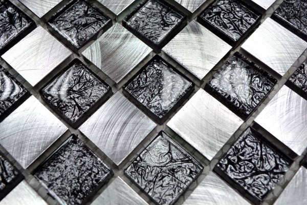 Échantillon manuel de mosaïque Aluminium Translucide Mosaïque de verre Crystal Alu damier noir argenté MOS49-0302_8mm_m