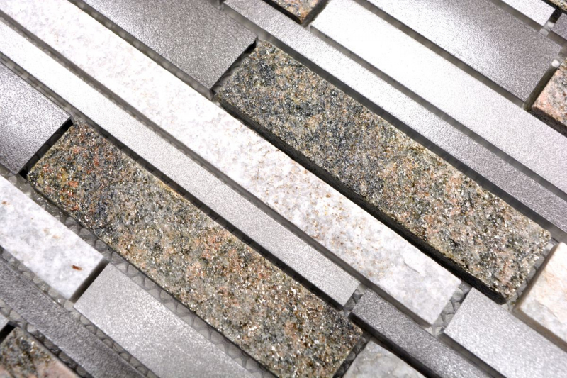 Motif main mosaïque carreau quartzite pierre naturelle aluminium argent gris beige clair composite MOS49-XSA535_m