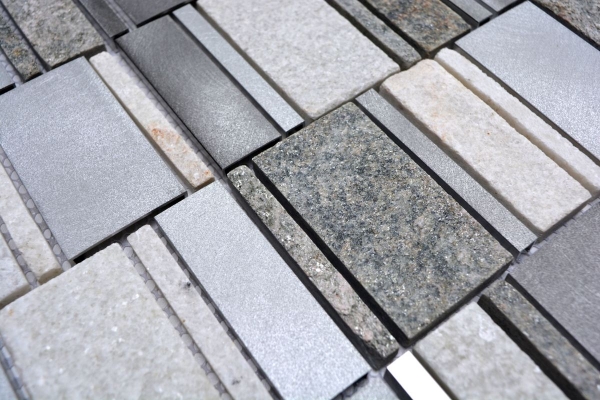 Échantillon manuel de mosaïque Carreau de quartzite Pierre naturelle Aluminium argenté gris beige clair Rectangle MOS49-505_m