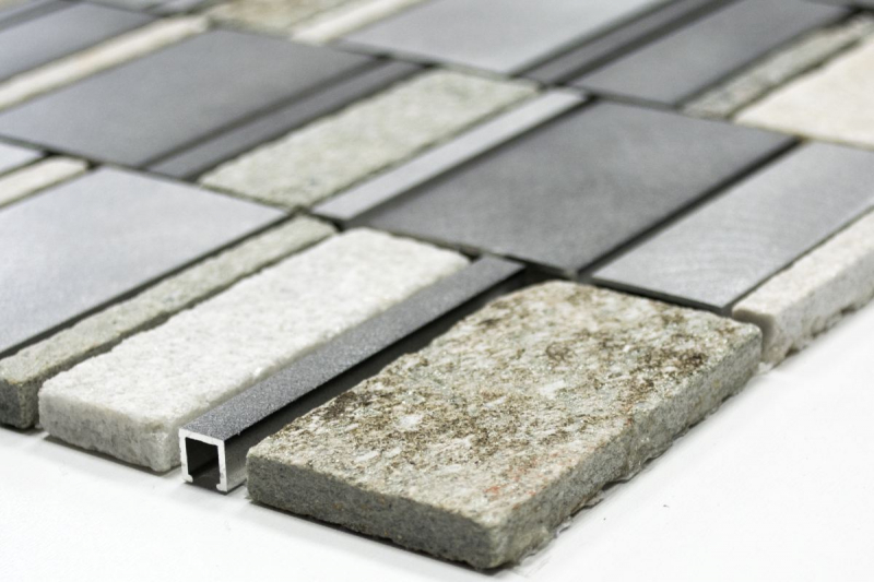 Échantillon manuel de mosaïque Carreau de quartzite Pierre naturelle Aluminium argenté gris beige clair Rectangle MOS49-505_m