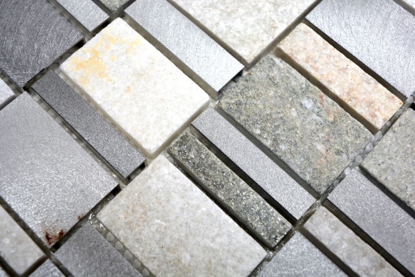 Échantillon manuel de mosaïque Carreau de quartzite Pierre naturelle Aluminium argenté gris beige clair Rectangle MOS49-515_m