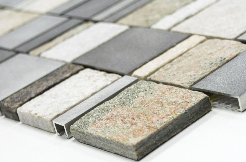 Échantillon manuel de mosaïque Carreau de quartzite Pierre naturelle Aluminium argenté gris beige clair Rectangle MOS49-515_m