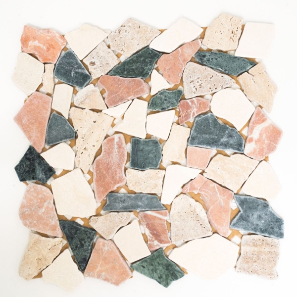 Mosaïque Fracture Marbre Pierre Naturelle Crème Beige Rouge Vert Polygonal Bordures Anti-éclaboussures Carrelage Cuisine - MOS44-1204