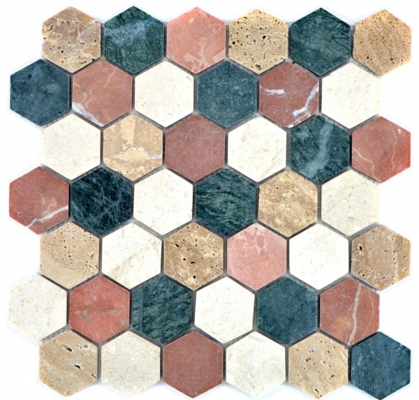 Marbre Mosaïque Pierre naturelle crème beige rouge vert Hexagon Random Carreau mural - MOS42-1213