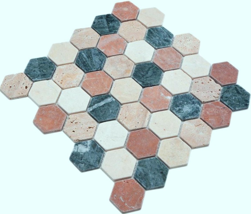 Marbre Mosaïque Pierre naturelle crème beige rouge vert Hexagon Random Carreau mural - MOS42-1213