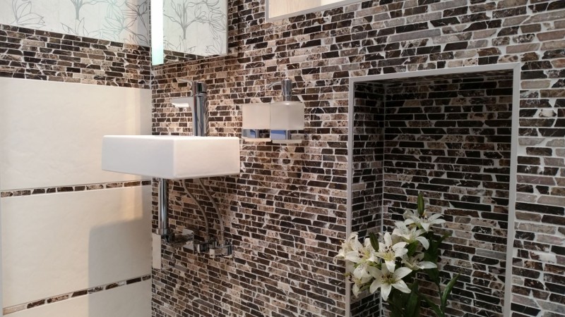 Mosaïque marbre pierre naturelle Brick composite baguettes Impala brun foncé flammé revêtement mural cuisine salle de bain - MOS40-1304