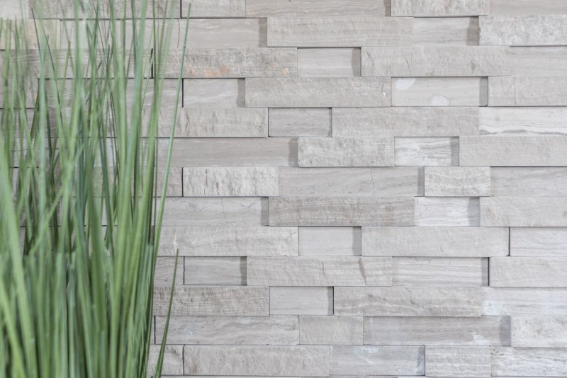 Splitface Marbre Mosaïque Mur de pierre Pierre naturelle Brick gris clair rayures Carreau de mur - MOS40-3D20