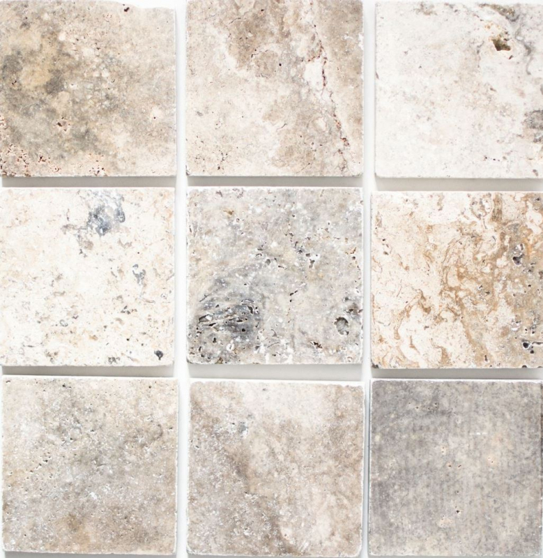 Carreau Travertin Pierre naturelle Silver argent blanc gris clair Carreau pierre naturelle argent aspect antique Carreau de douche Carreau mural cuisine - MOSF-45-47010