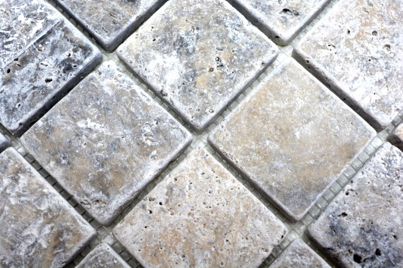 Travertin Carreau de mosaïque terrasse mur sol pierre naturelle Medio gris clair argenté beige Carreau de mur salle de bain cuisine - MOS43-47048