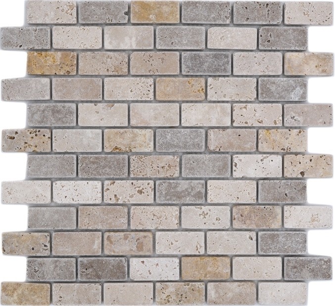 Travertin Carreaux mosaïque terrasse mur sol pierre naturelle beige brun doré Brick aspect brique carrelage mural carreau cuisine - MOS43-46474