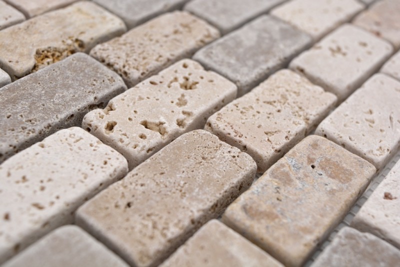 Travertin Carreaux mosaïque terrasse mur sol pierre naturelle beige brun doré Brick aspect brique carrelage mural carreau cuisine - MOS43-46474