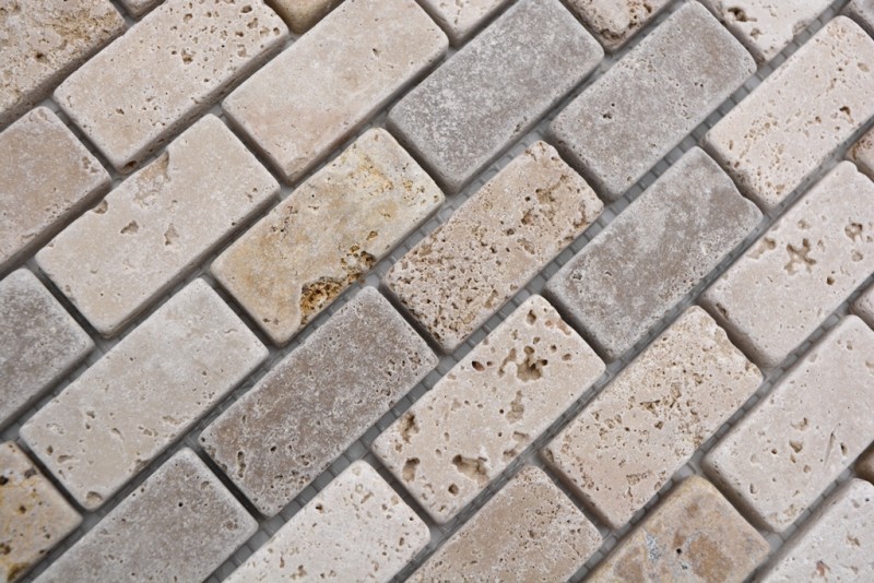 Travertin Carreaux mosaïque terrasse mur sol pierre naturelle beige brun doré Brick aspect brique carrelage mural carreau cuisine - MOS43-46474