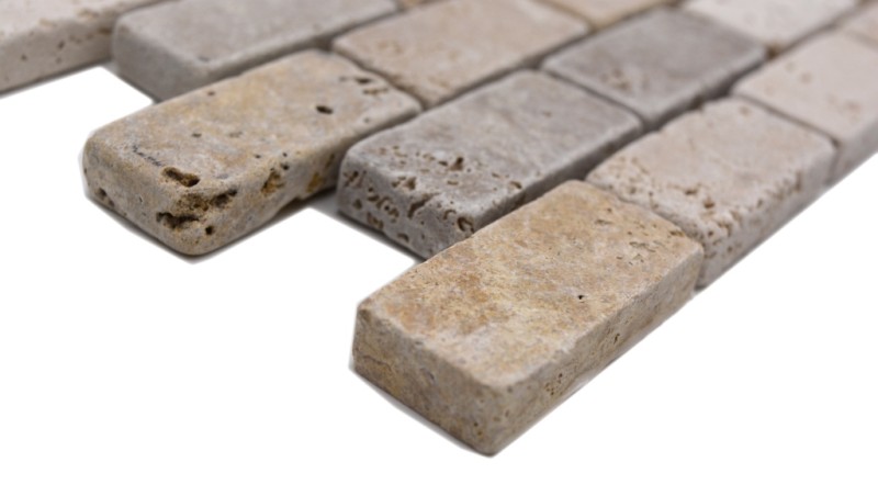 Travertin Carreaux mosaïque terrasse mur sol pierre naturelle beige brun doré Brick aspect brique carrelage mural carreau cuisine - MOS43-46474
