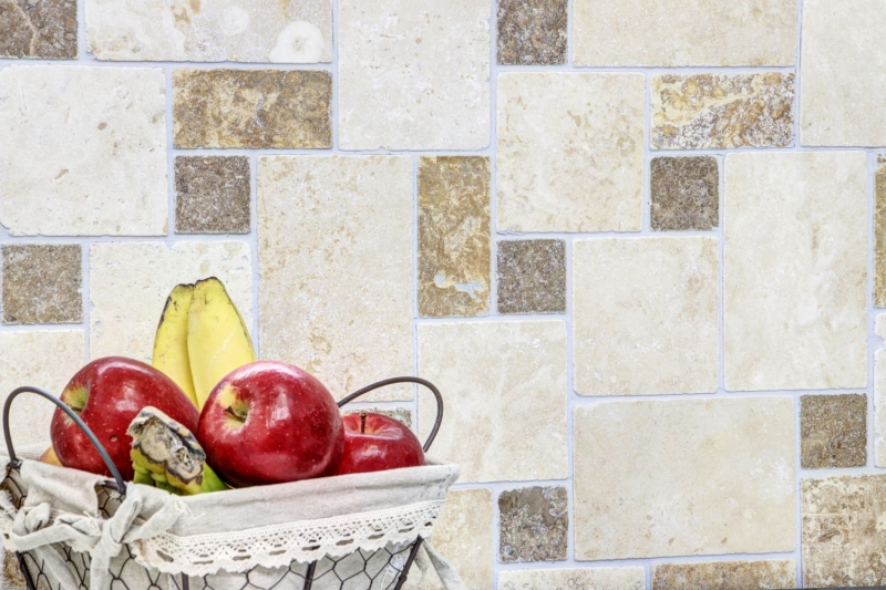 Travertin Carreaux de mosaïque Terrasse Mur Sol Pierre naturelle beige brun doré Carreau de sol romain - MOS43-1204