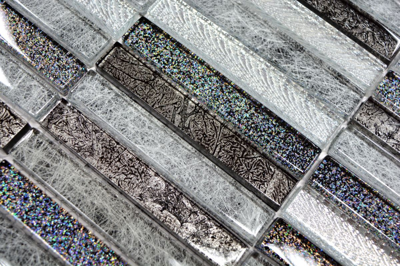 Motif main Carreau de mosaïque translucide baguettes Mosaïque de verre Crystal Day argent MOS87-STDS_m