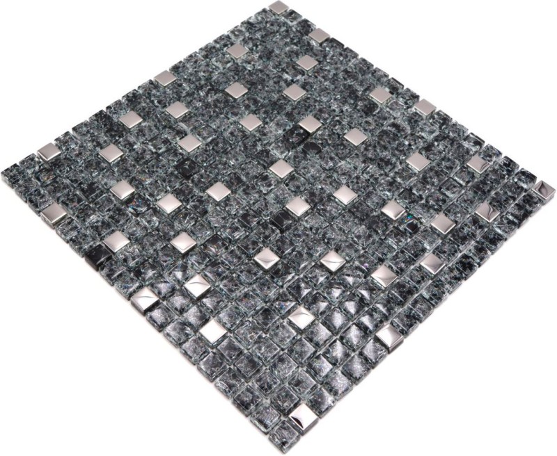 Mosaïque de verre Carreau de mosaïque noir argenté Acier inoxydable Bris de verre Miroir de protection contre les éclaboussures Dos de cuisine - MOS92-1099