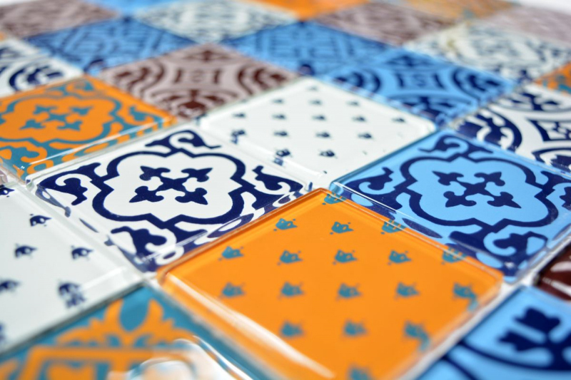 Motif à main Retro Vintage Carreau de mosaïque Translucide blanc bleu orange gris Mosaïque de verre Crystal Optik MOS68-4OP12_m
