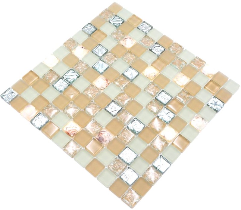 Mosaïque de coquillages Carreaux de mosaïque blanc mat beige argent Mosaïque de verre MOS82B-0112