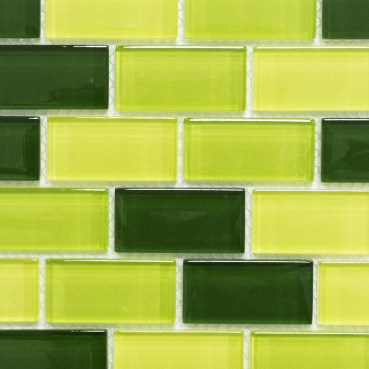 Carreau de mosaïque vert translucide Brick Mosaïque de verre Crystal vert clair vert foncé MOS76-0506_f | 10 Tapis de mosaïque