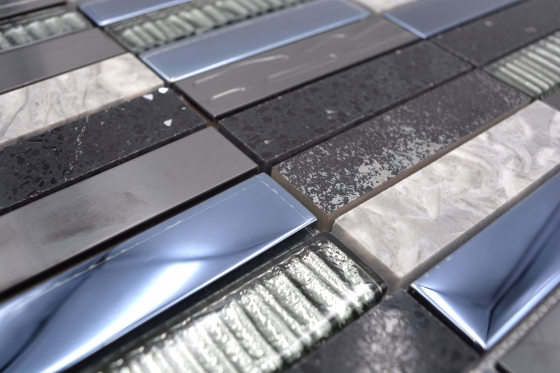 Plaquette Rectangle Mosaïque de verre Composite Acier inoxydable argenté gris bleu noir Revêtement mural cuisine - MOS87-58X