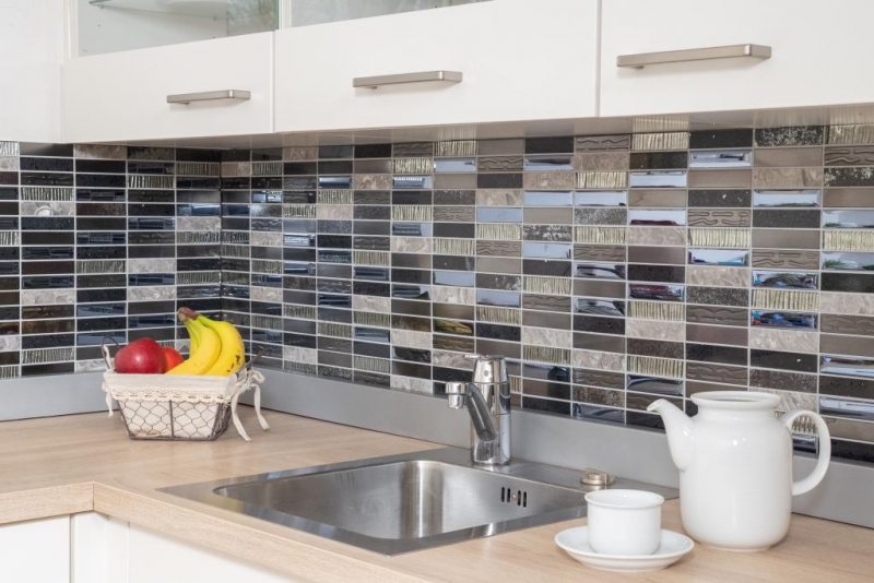 Plaquette Rectangle Mosaïque de verre Composite Acier inoxydable argenté gris bleu noir Revêtement mural cuisine - MOS87-58X