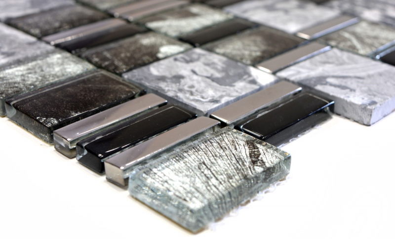 Échantillon manuel Carreau de mosaïque Translucide gris noir Multiformat Mosaïque de verre Crystal pierre EP gris noir MOS88-0210_m