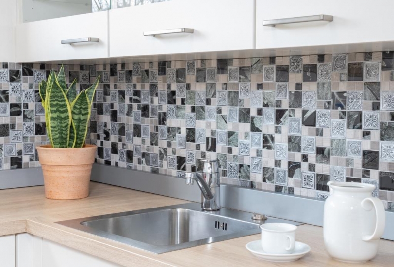 Mosaïque de verre Pierre artificielle Carreaux de mosaïque Résine argent gris anthracite Ornement carrelage mur WC - MOS88-0280