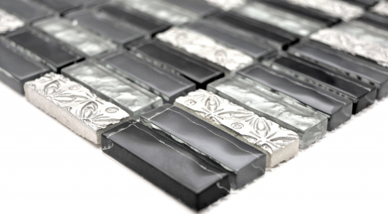 Échantillon manuel Carreau de mosaïque Translucide gris noir Bâtons Mosaïque de verre Crystal Resin gris noir argenté MOS87-03108_m
