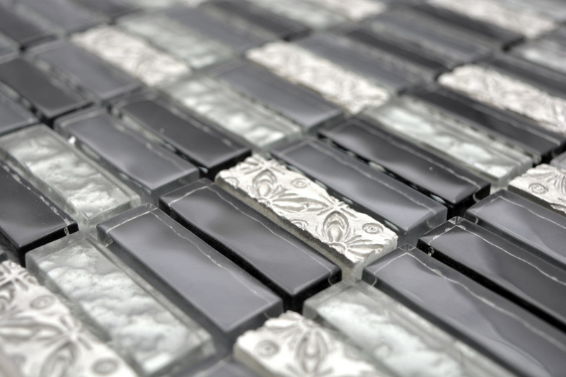 Échantillon manuel Carreau de mosaïque Translucide gris noir Bâtons Mosaïque de verre Crystal Resin gris noir argenté MOS87-03108_m