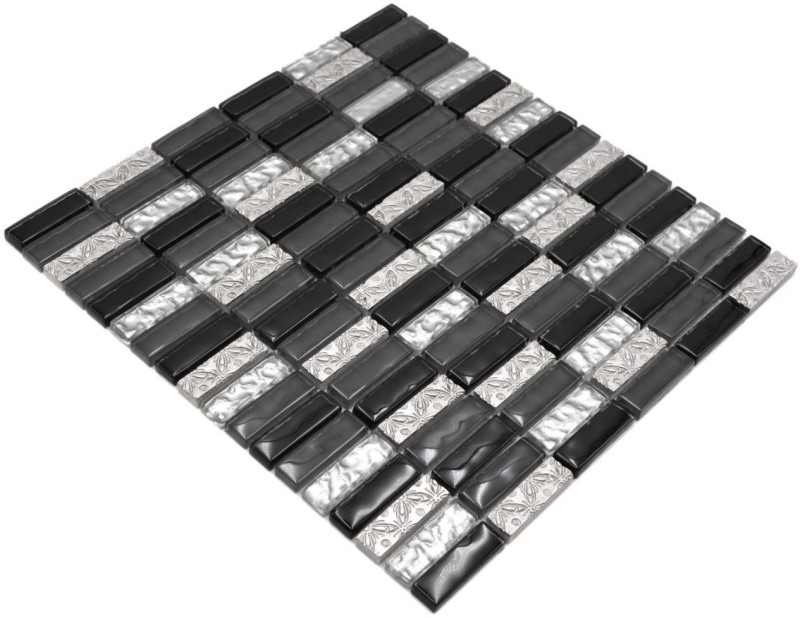 Plaquette Rectangle Carreaux Mosaïque Verre Bâtons Résine Pierre artificielle gris noir argent Dos cuisine salle de bain mur WC - MOS87-03108