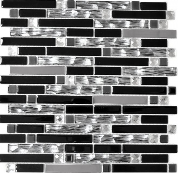 Mosaïque de verre Bâtonnets acier inoxydable argenté noir Carrelage mural cuisine MOS67-GV478