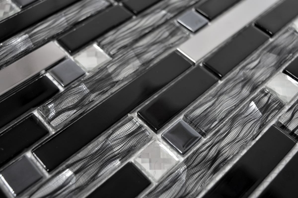 Mosaïque de verre Bâtonnets acier inoxydable argenté noir Carrelage mural cuisine MOS67-GV478