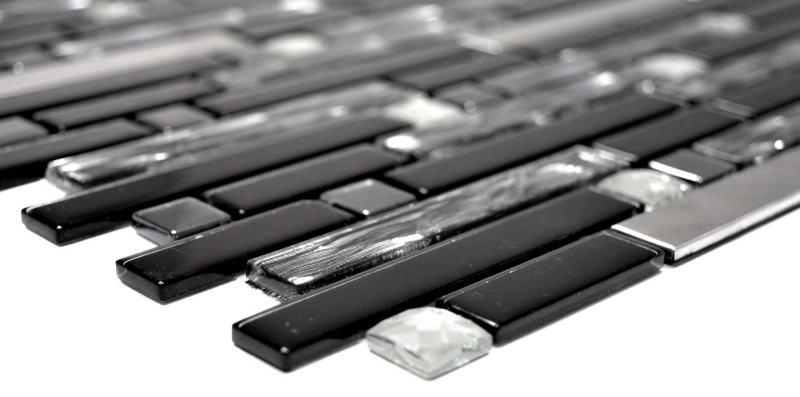 Mosaïque de verre Bâtonnets acier inoxydable argenté noir Carrelage mural cuisine MOS67-GV478
