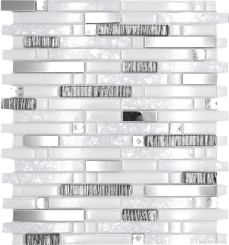 Mosaïque de verre Baguettes Carreaux de mosaïque Acier inoxydable blanc argenté MOS86-0104