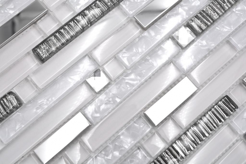 Mosaïque de verre Baguettes Carreaux de mosaïque Acier inoxydable blanc argenté MOS86-0104