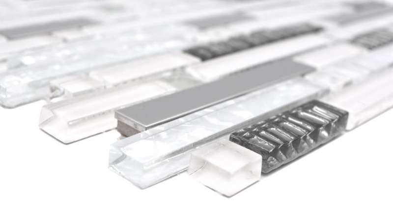 Mosaïque de verre Baguettes Carreaux de mosaïque Acier inoxydable blanc argenté MOS86-0104