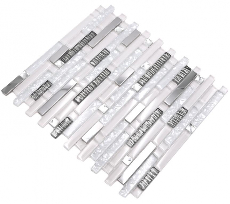 Mosaïque de verre Baguettes Carreaux de mosaïque Acier inoxydable blanc argenté MOS86-0104