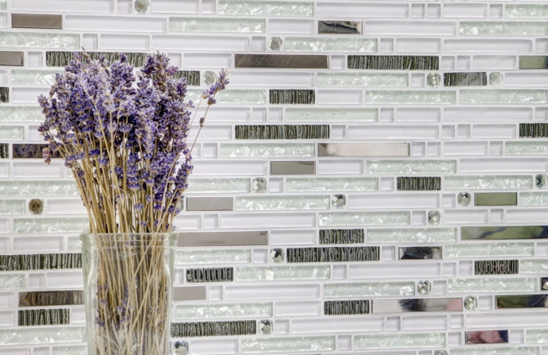 Mosaïque de verre Baguettes Carreaux de mosaïque Acier inoxydable blanc argenté MOS86-0104
