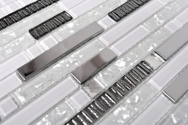 Mosaïque de verre Bâtonnets acier inoxydable argenté blanc Carrelage mural de cuisine MOS67-GV498