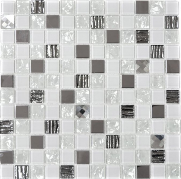 Échantillon manuel Carreau de mosaïque Translucide acier inoxydable blanc Mosaïque de verre Crystal acier blanc verre MOS63-CM-424_m