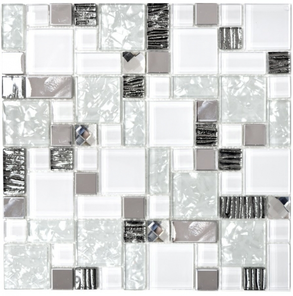 Carreau de mosaïque translucide acier inoxydable blanc combinaison de mosaïque de verre Crystal acier blanc verre MOS88-01699_f | 10 tapis de mosaïque
