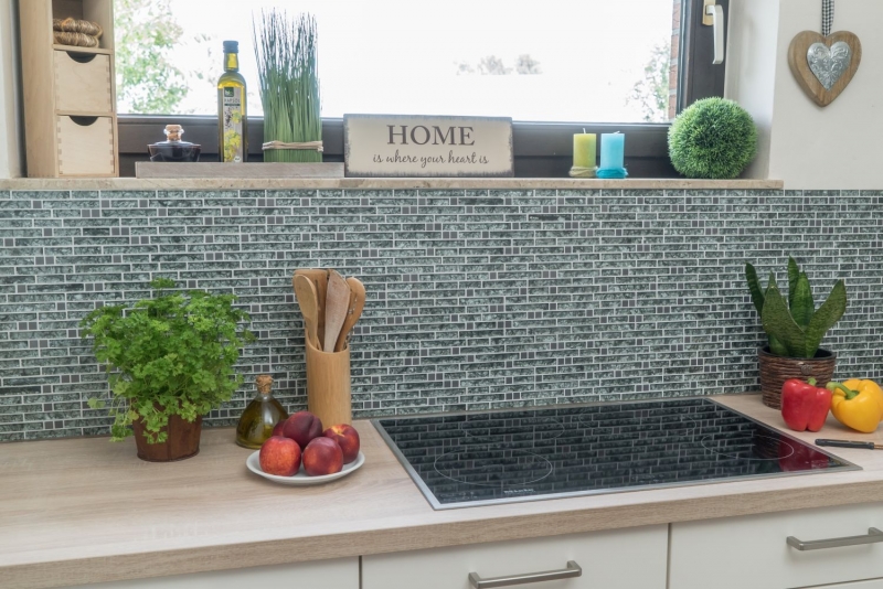Mosaïque de verre Bâtonnets Carreaux de mosaïque Acier inoxydable Vert anthracite Vert pierre MOS87-MV728