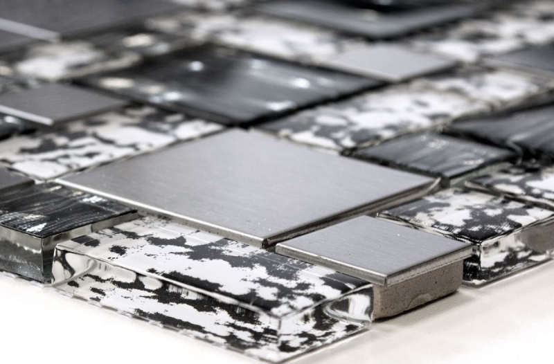 Carreau de mosaïque translucide acier inoxydable noir argent combinaison mosaïque de verre Crystal acier noir structure MOS88-0203_f | 10 tapis de mosaïque