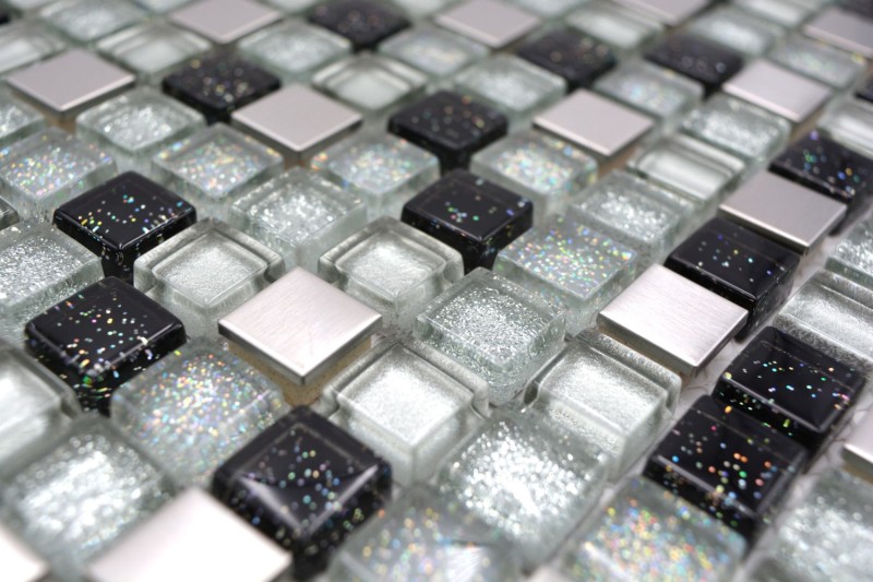 Mosaïque de verre Carreau de mosaïque Acier inoxydable argenté noir gris scintillant Carrelage mural - MOS92-0207